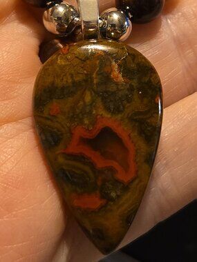 Moroccan Seam Agate Pendant Necklace on 925 Sterling Silver Snake Chain w/Beads